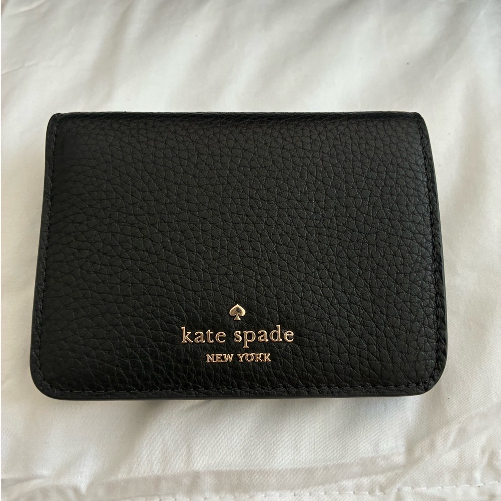 kate spade black pebbled leather card case with gold logo, new from Nordstrom